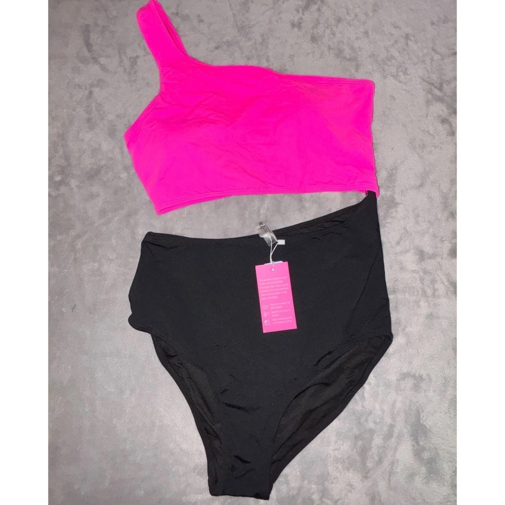 Yonique Swimsuit Two Piece Bikini Set Womens Medium Pink One Shoulder High Waist